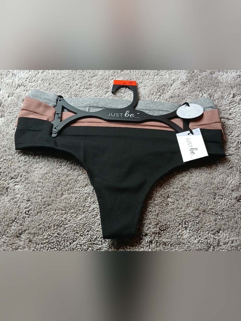 NWT Just Be... Intimates Odete Thong Panty Pack - 3 Pairs (Black, Coffee, Grey)